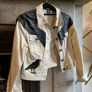 Kensie grey denim jacket handmade + real leather S